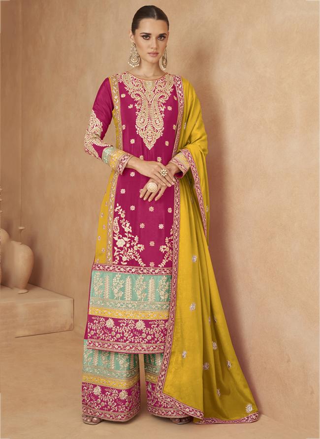 Chinnon Hot Pink Wedding Wear Embroidery Work Plazzo Suit